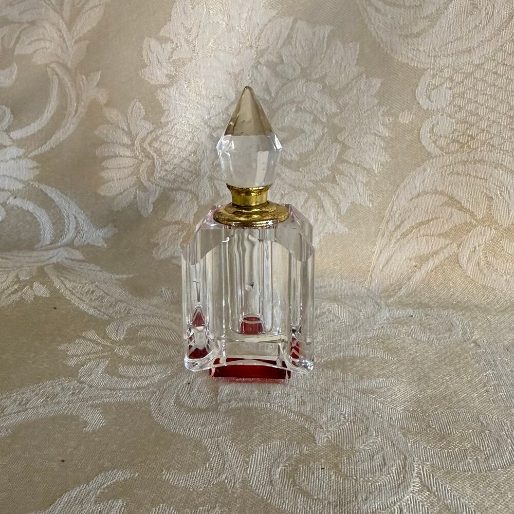 Vintage Faceted Clear Red Glass Perfume Bottle Dabber Gilt Art Deco Style